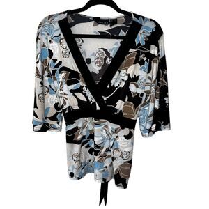Attention Floral Wrap Top Womens XL Y2K Wide Asian 3/4 Sleeve Blouse Tie Back